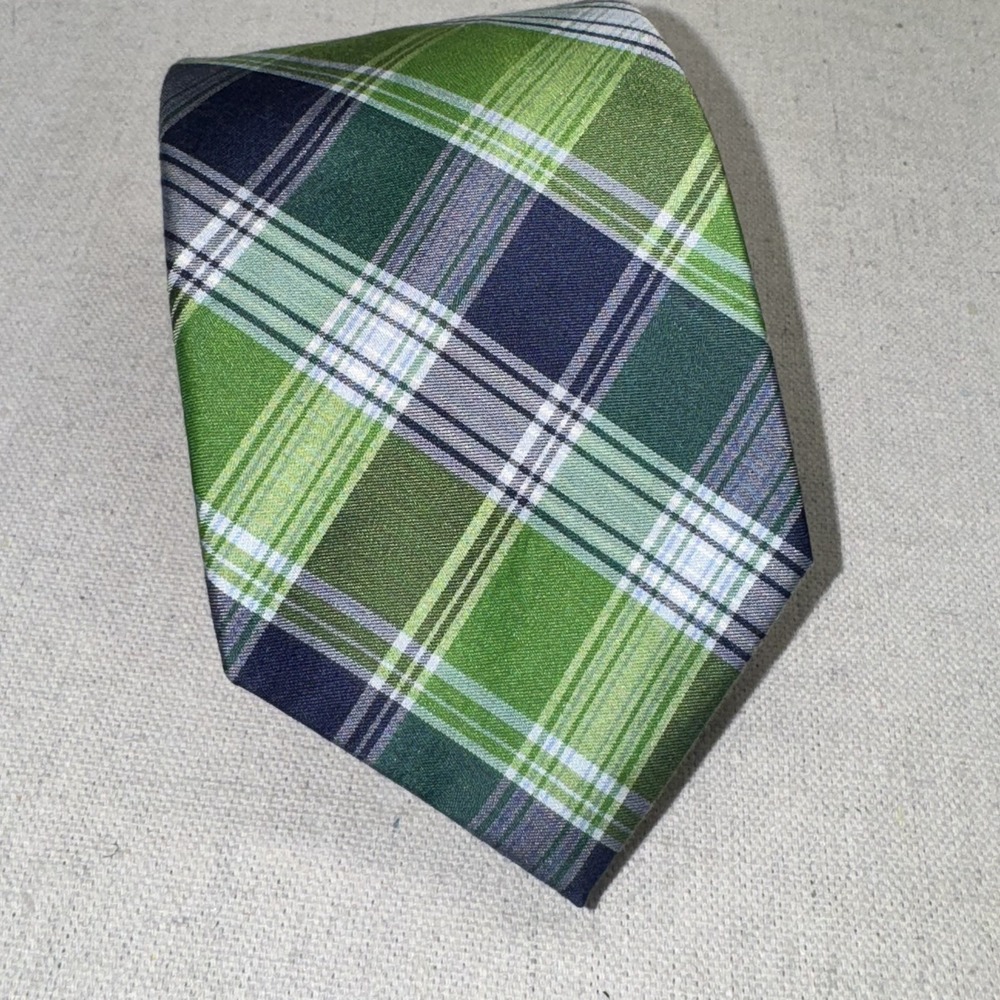 Tommy Hilfiger Plaid Tie Mens OS Green Navy Blue Cotton Silk Preppy Classic - Picture 2 of 4